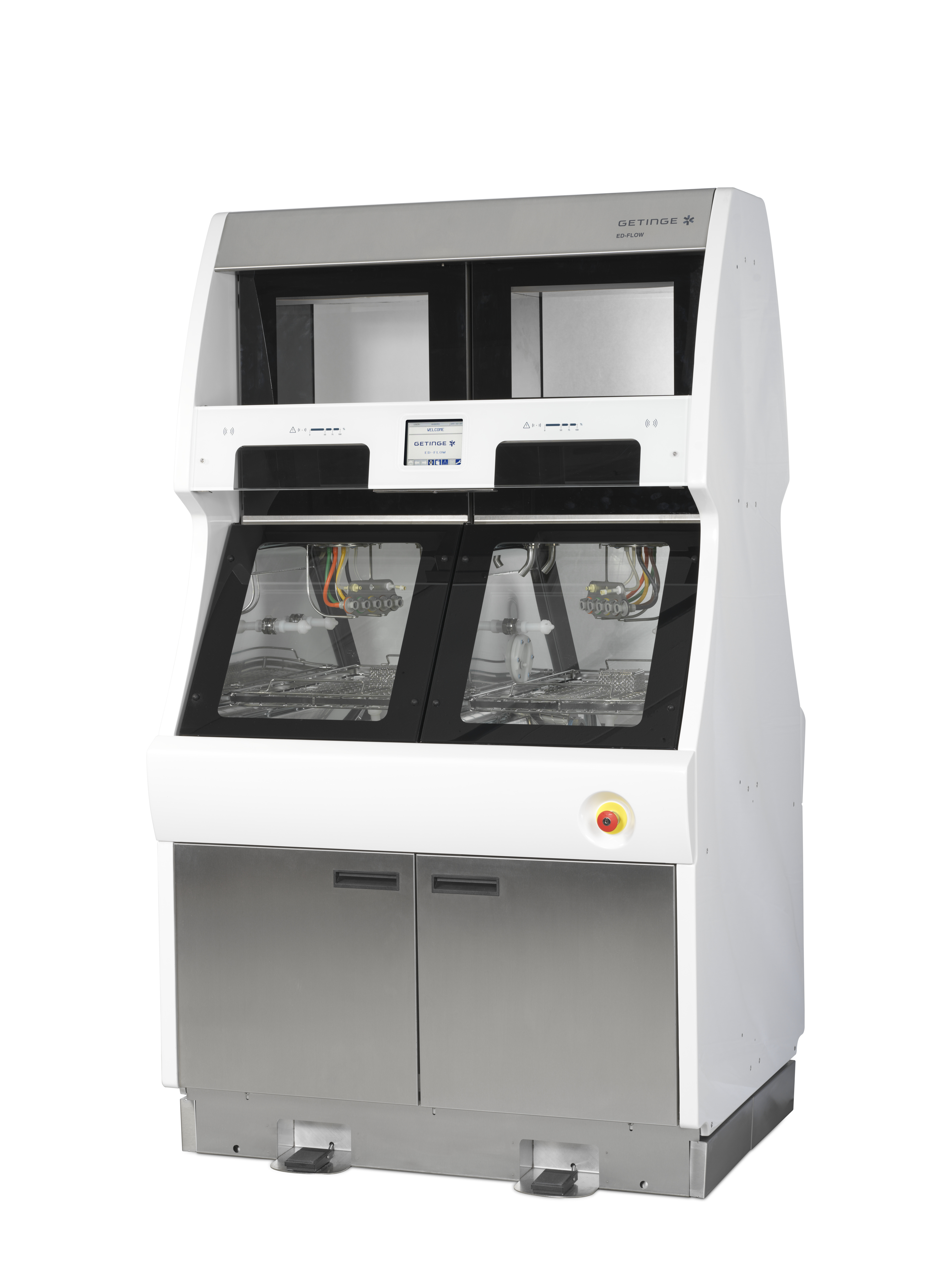 Laboratory instrument with dual compartments, digital display, and buttons, used for automated sample processing.