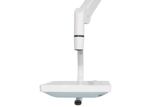 White medical examination light with an adjustable arm against a white background.